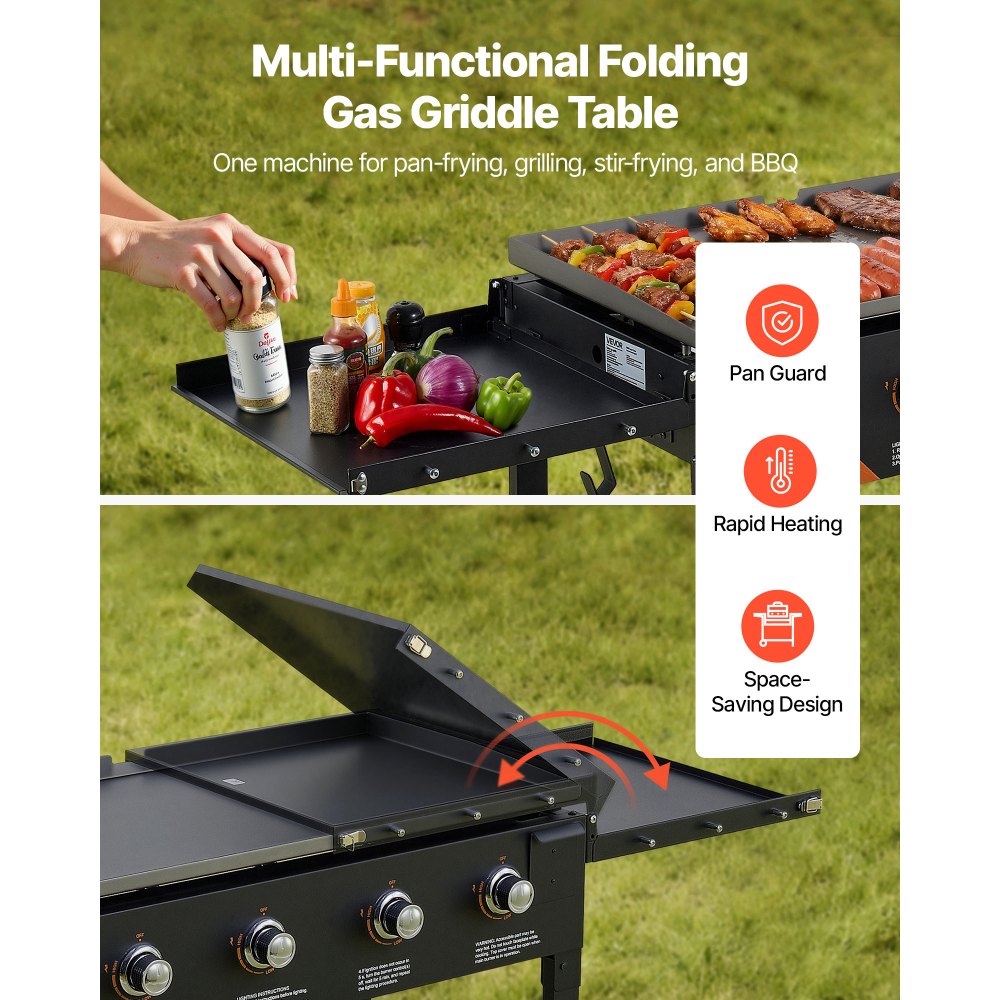 VEVOR Gas Griddle, 4-Burner Flat Top Grill, 36 inch Grill Plate Foldable Propane Griddle with Wheels, 60000 BTU Outdoor