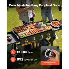 VEVOR Gas Griddle, 4-Burner Flat Top Grill, 36 inch Grill Plate Foldable Propane Griddle with Wheels, 60000 BTU Outdoor