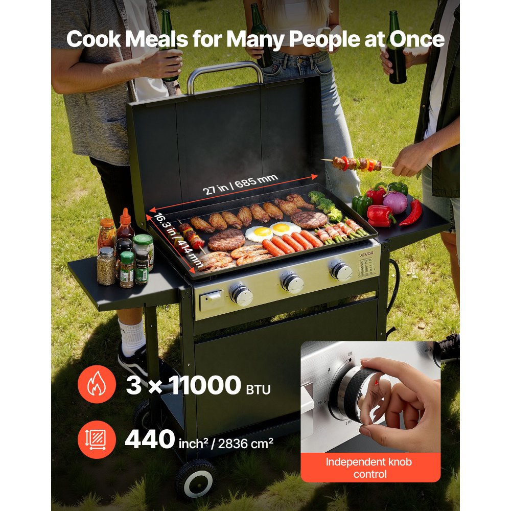 VEVOR Gas Griddle, 3-Burner Flat Top Grill, Propane Griddle with Wheels, Lid, 3 x 11000 BTU Outdoor Flat Top Grills for