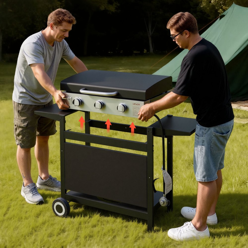 VEVOR Gas Griddle, 3-Burner Flat Top Grill, Propane Griddle with Wheels, Lid, 3 x 11000 BTU Outdoor Flat Top Grills for