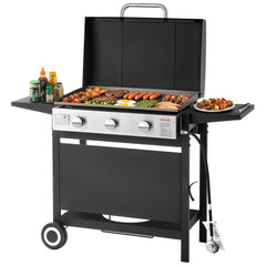 VEVOR Gas Griddle, 3-Burner Flat Top Grill, Propane Griddle with Wheels, Lid, 3 x 11000 BTU Outdoor Flat Top Grills for