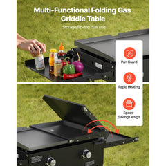 VEVOR Gas Griddle, 2-Burner Flat Top Grill, 28 inch Grill Plate Foldable Propane Griddle with Wheels, 30000 BTU Outdoor