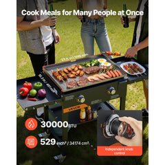 VEVOR Gas Griddle, 2-Burner Flat Top Grill, 28 inch Grill Plate Foldable Propane Griddle with Wheels, 30000 BTU Outdoor