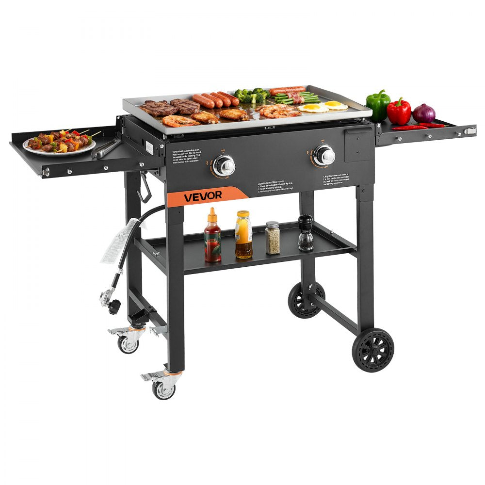 VEVOR Gas Griddle, 2-Burner Flat Top Grill, 28 inch Grill Plate Foldable Propane Griddle with Wheels, 30000 BTU Outdoor