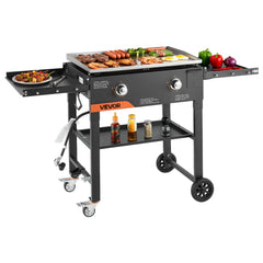 VEVOR Gas Griddle, 2-Burner Flat Top Grill, 28 inch Grill Plate Foldable Propane Griddle with Wheels, 30000 BTU Outdoor