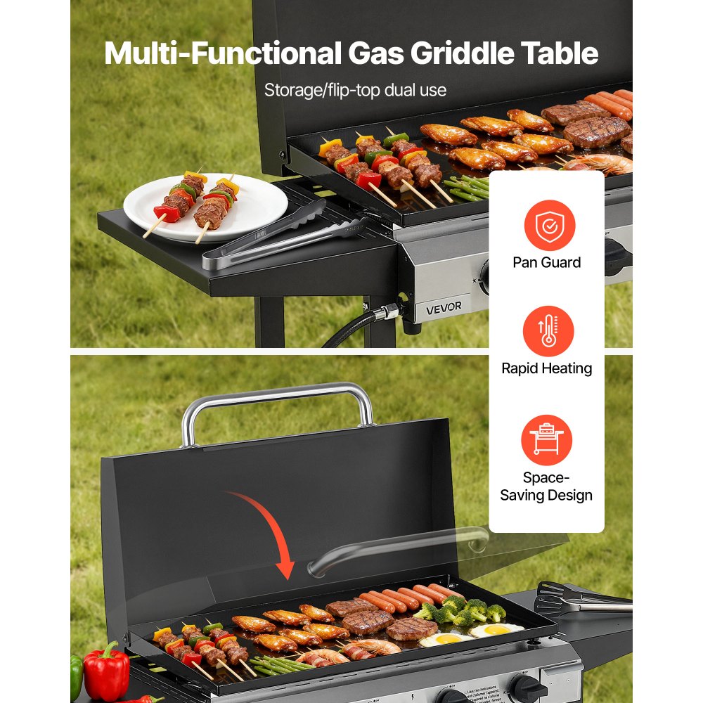 VEVOR Gas Griddle, 4-Burner Flat Top Grill, 29 inch Grill Plate Propane Griddle with Wheels, Lid, 28000 BTU Outdoor