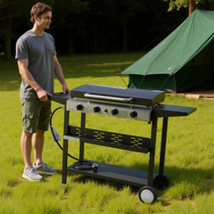 VEVOR Gas Griddle, 4-Burner Flat Top Grill, 29 inch Grill Plate Propane Griddle with Wheels, Lid, 28000 BTU Outdoor