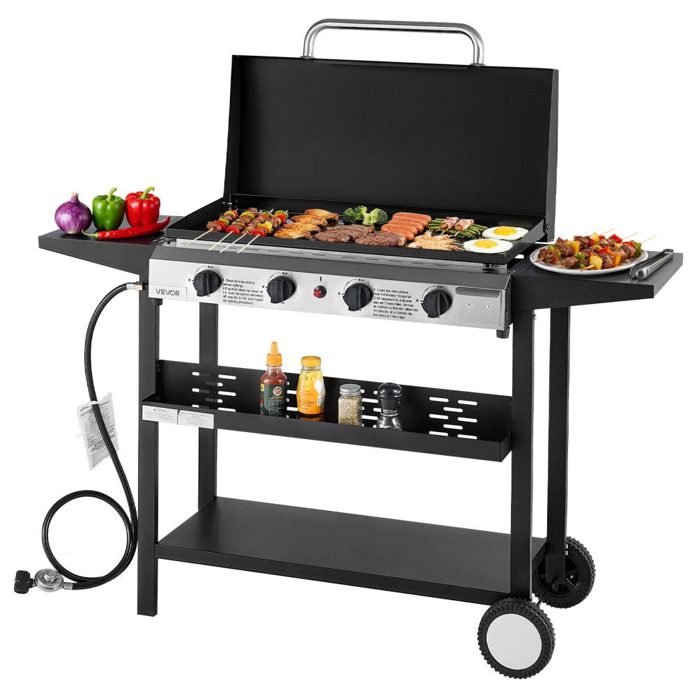 VEVOR Gas Griddle, 4-Burner Flat Top Grill, 29 inch Grill Plate Propane Griddle with Wheels, Lid, 28000 BTU Outdoor