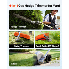 VEVOR Gas Hedge Trimmer, 2 Cycle Gas Power Handheld Hedge Trimmer, 4-in-1 26cc Weed Eater with Protective Gear Set