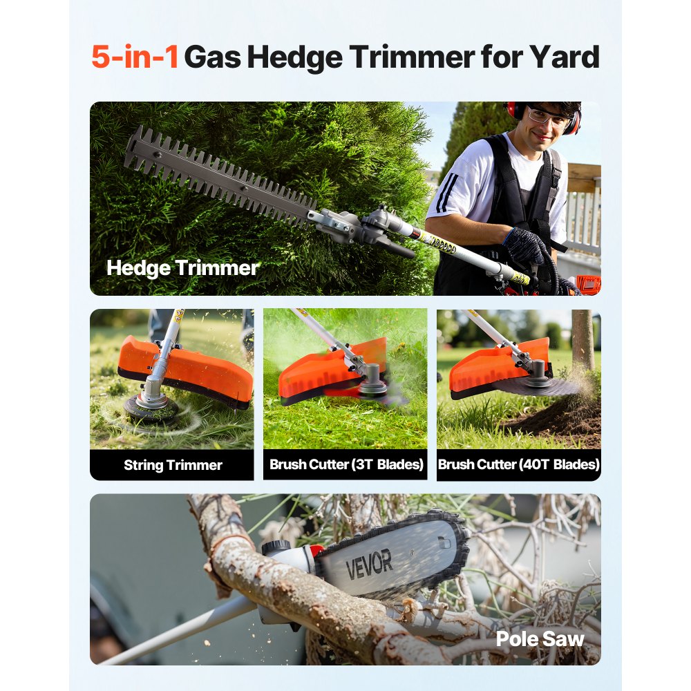 VEVOR Gas Hedge Trimmer, 2 Cycle Gas Power Handheld Hedge Trimmer, 5-in-1 63cc Cordless Weed Eater with Protective Gear