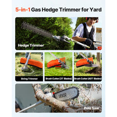 VEVOR Gas Hedge Trimmer, 2 Cycle Gas Power Handheld Hedge Trimmer, 5-in-1 63cc Cordless Weed Eater with Protective Gear