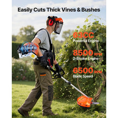 VEVOR Gas Hedge Trimmer, 2 Cycle Gas Power Handheld Hedge Trimmer, 5-in-1 63cc Cordless Weed Eater with Protective Gear
