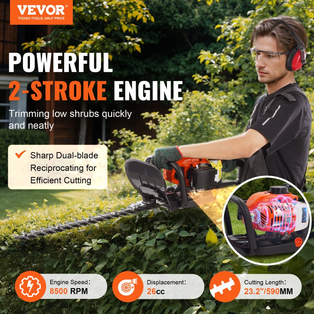 VEVOR 23.2-inch 26CC 2 Cycle Gas Hedge Trimmer, Gas Powered Handheld Hedge Trimmer with Dual Sided Dual Action Blade