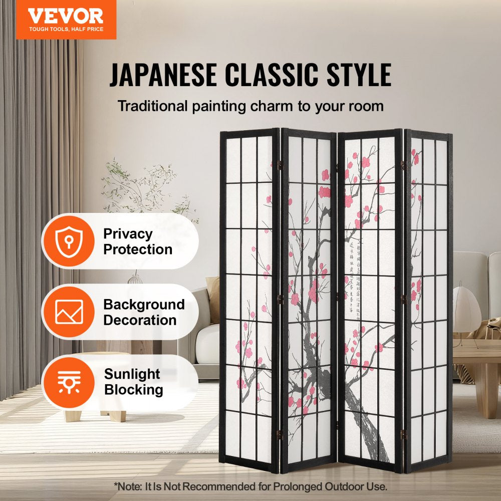 VEVOR Room Divider, 4 Panel Japanese Room Divider Screen, Wood Folding Privacy Screen Indoor, Japanese Partition