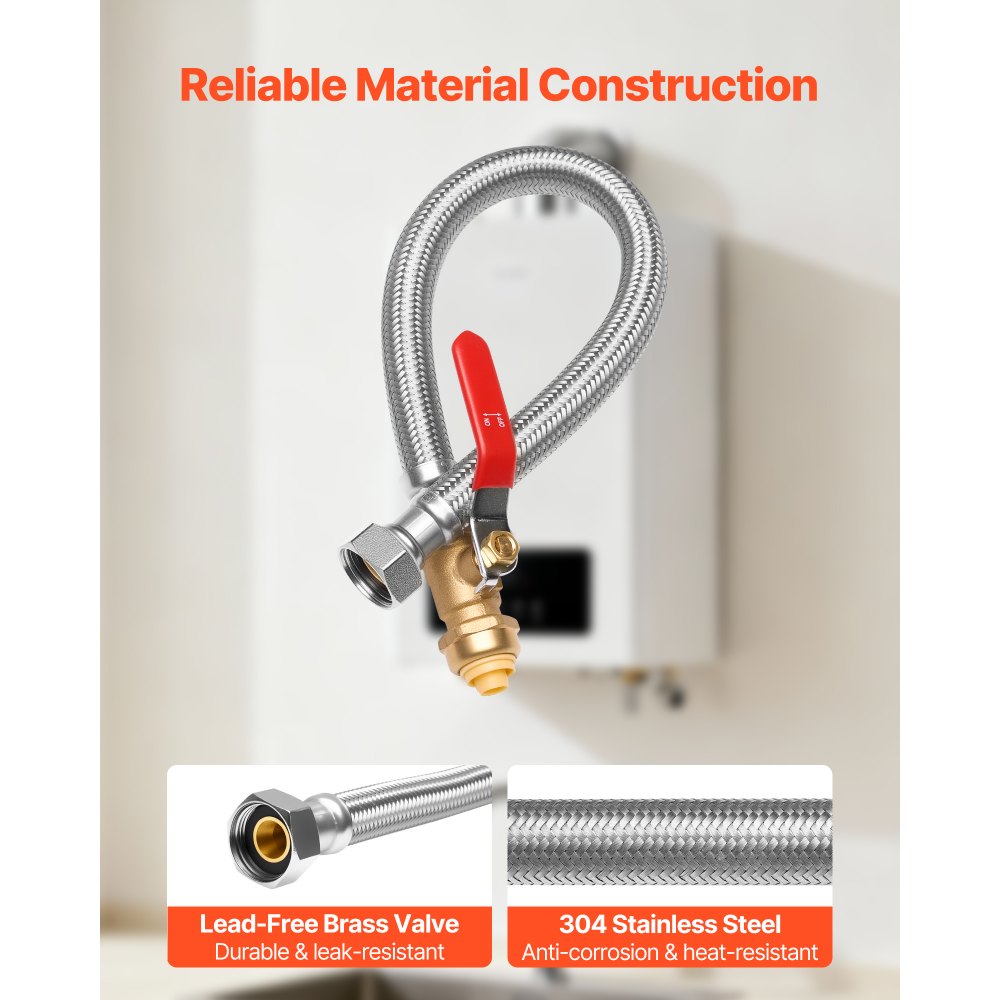 VEVOR Water Heater Kit, Push-Fit Valve Flexible Water Heater Connector with 3/4" FIP x 1/2" PTC Ball Valve, Stainless