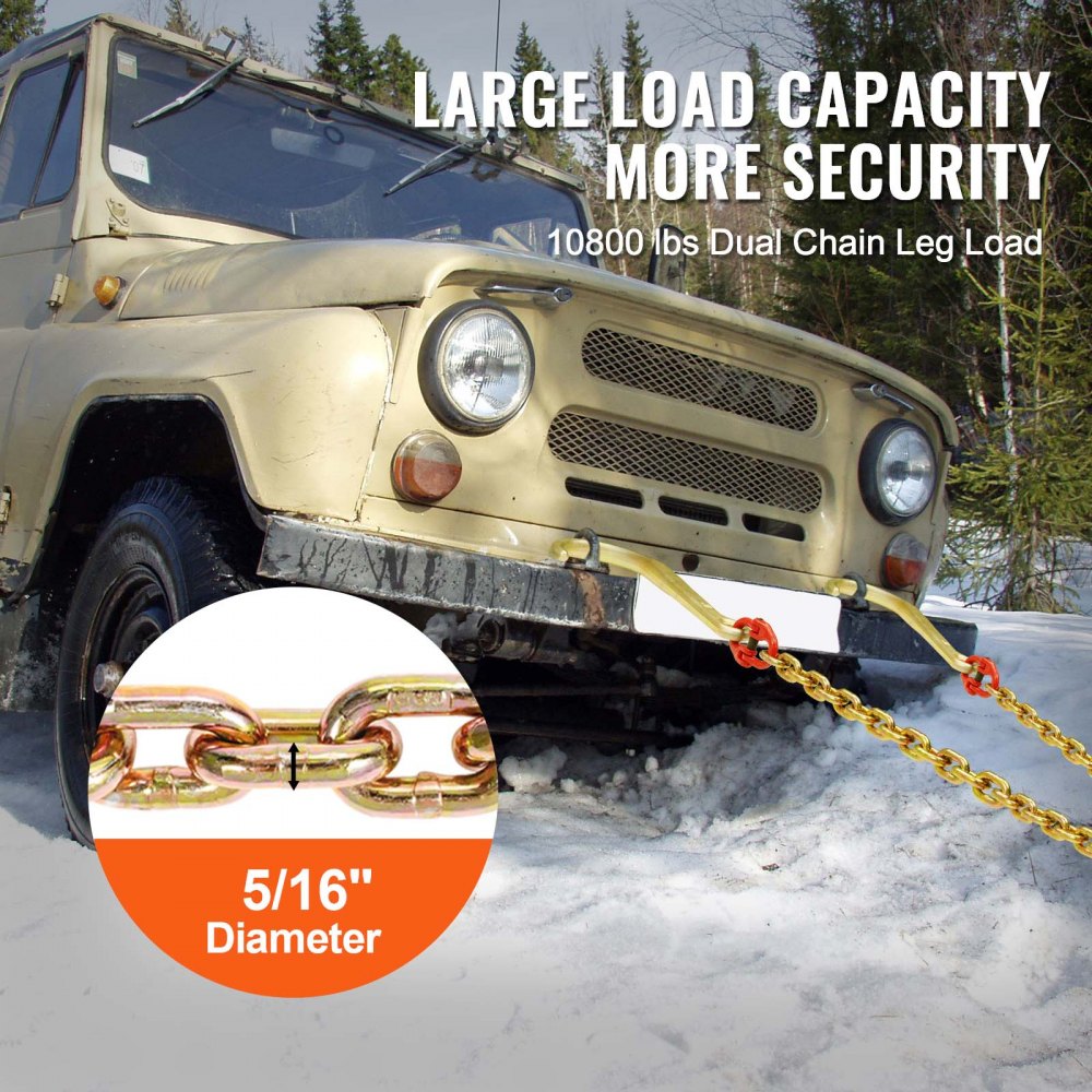 VEVOR G80 V Bridle Chain, 5/16" x 2' Towing Chain Bridle with 15" J Hooks and Grab Hooks, Heavy Duty Transport Tow