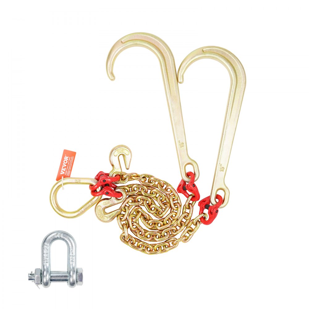 VEVOR G80 V Bridle Chain, 5/16" x 2' Towing Chain Bridle with 15" J Hooks and Grab Hooks, Heavy Duty Transport Tow