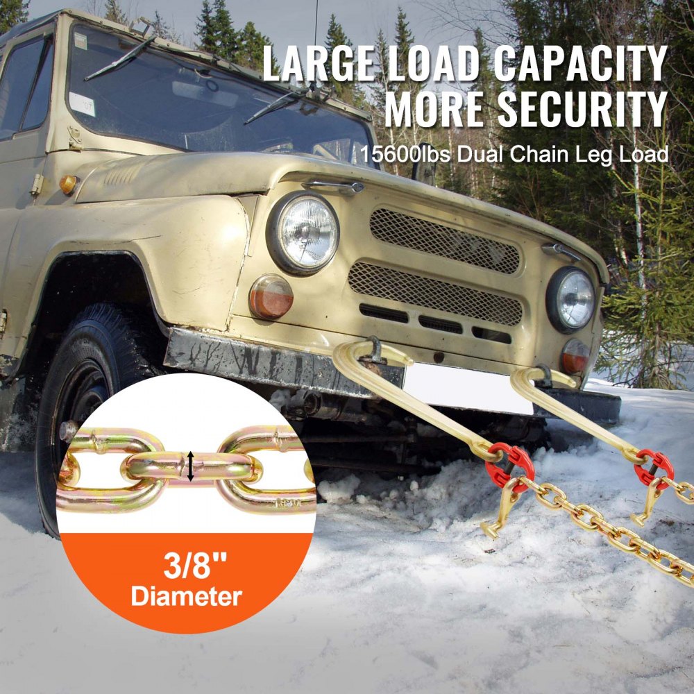 VEVOR G80 V Bridle Chain, 3/8" x 2' Towing Chain Bridle with 15" J Hooks, T Hooks & Grab Hooks, Heavy Duty Transport
