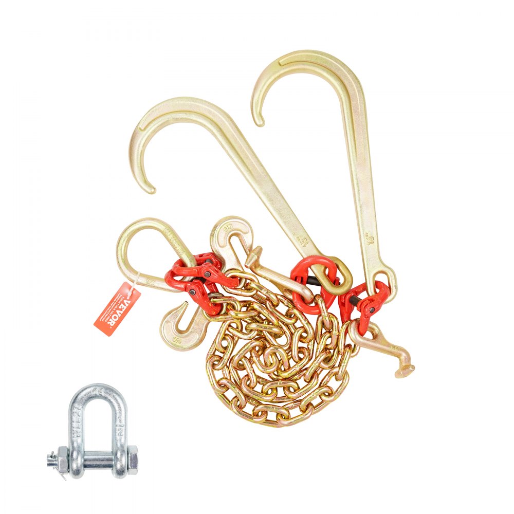 VEVOR G80 V Bridle Chain, 3/8" x 2' Towing Chain Bridle with 15" J Hooks, T Hooks & Grab Hooks, Heavy Duty Transport