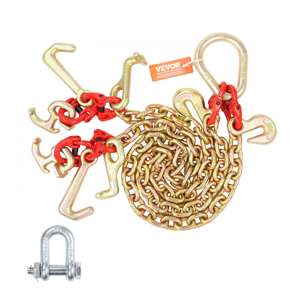 VEVOR G80 V Bridle Chain, 5/16" x 3' Towing Chain Bridle with R Hooks, T Hooks, J Hooks and Grab Hooks, Transport Tow