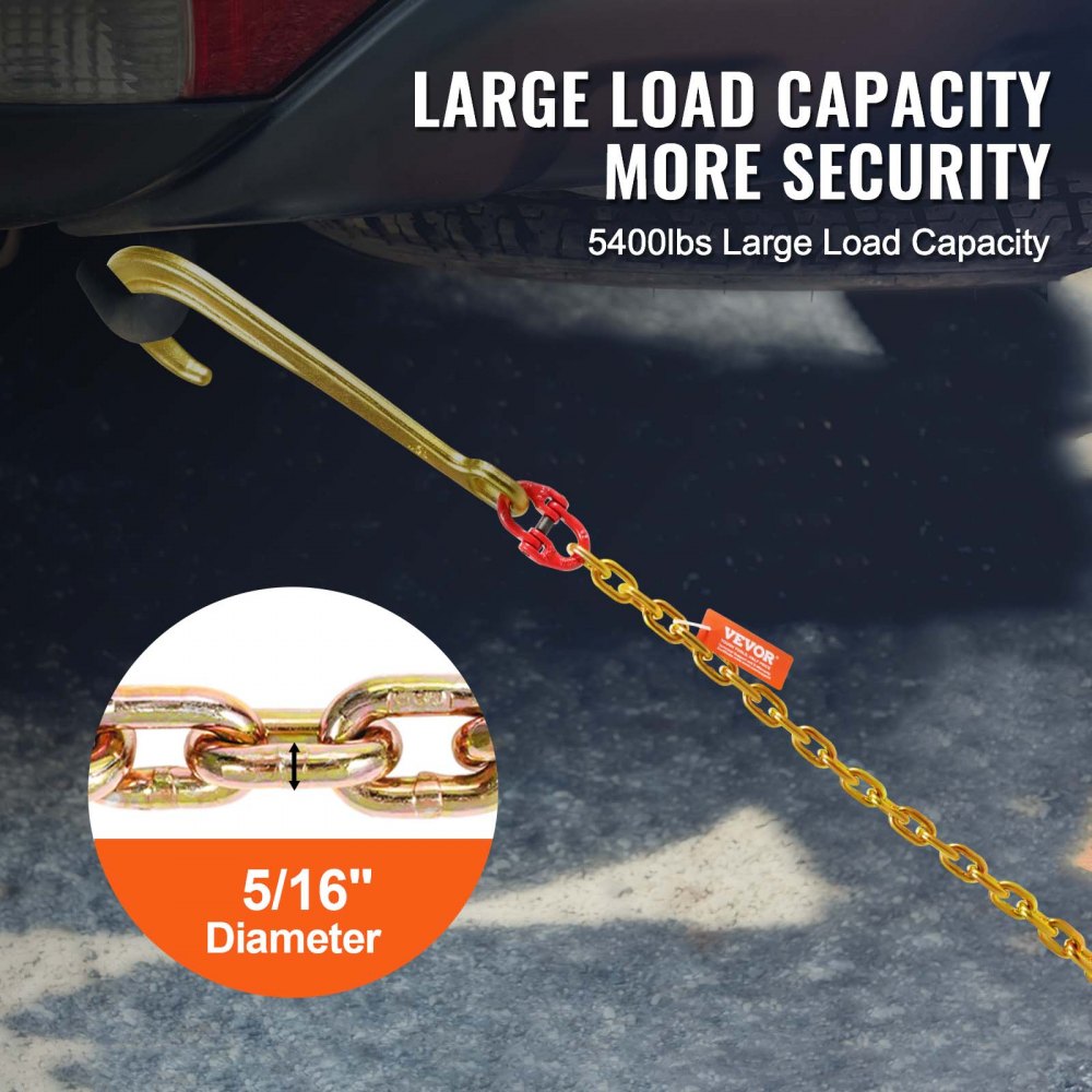 VEVOR J Hook Chain, 5/16" x 6' G80 15" Long Shank J Hook Tow Chain with RTJ Cluster Hook & Grab Hook, 5400 lbs Safe