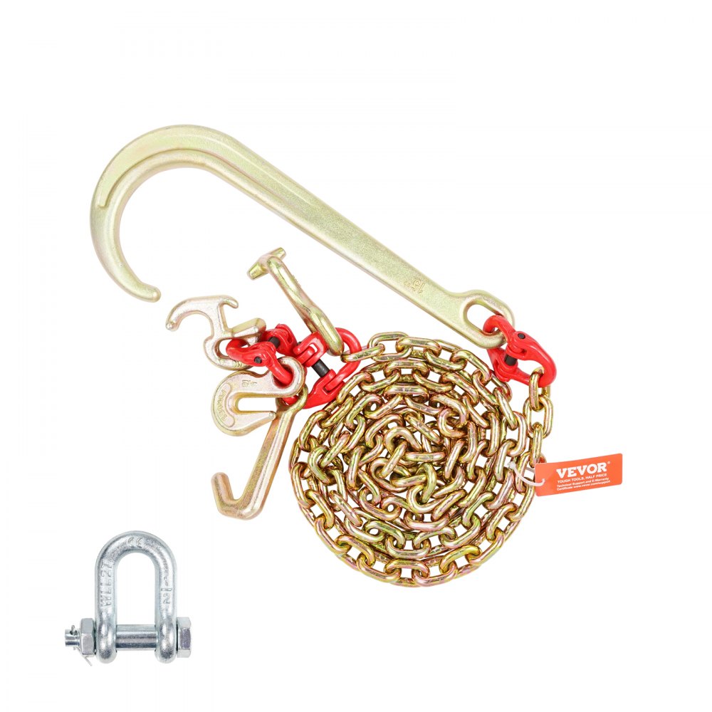 VEVOR J Hook Chain, 5/16" x 6' G80 15" Long Shank J Hook Tow Chain with RTJ Cluster Hook & Grab Hook, 5400 lbs Safe