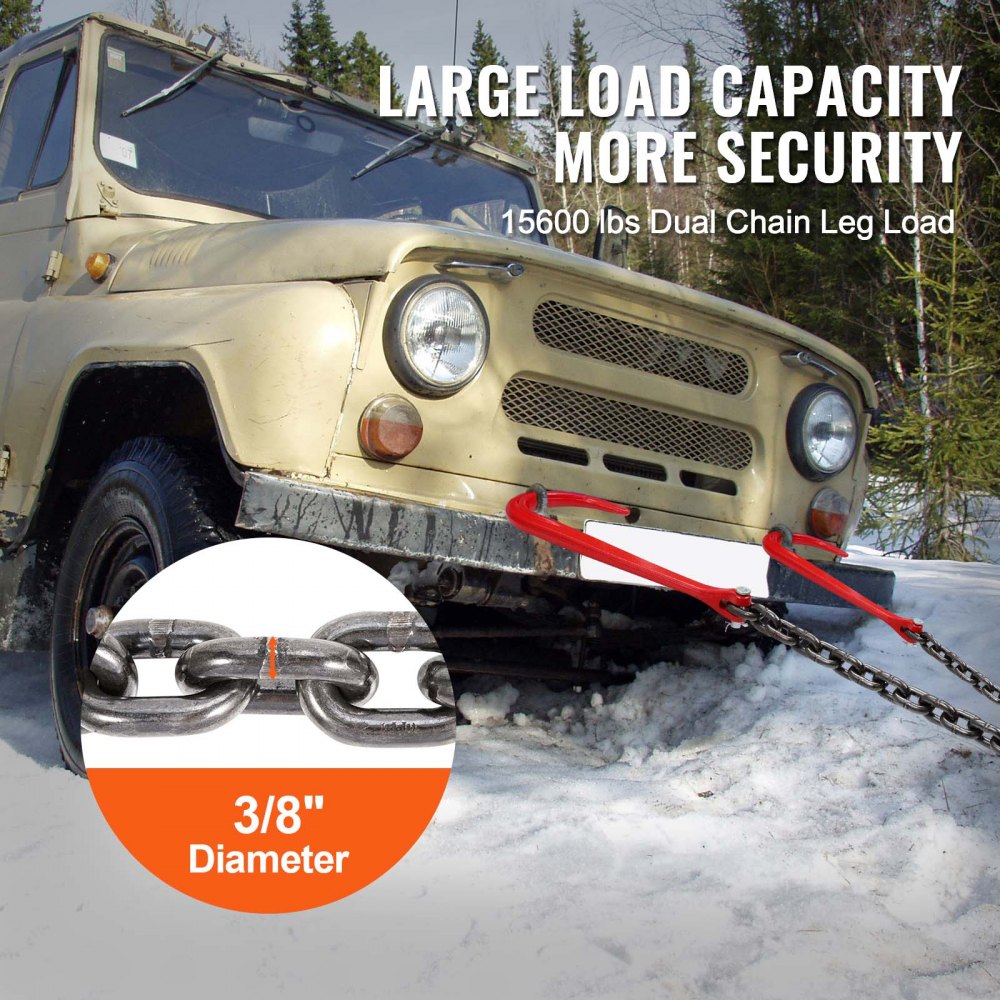 VEVOR G80 V Bridle Chain, 3/8" x 3' Towing Chain Bridle with 15" J Hooks and Grab Hooks, Heavy Duty Transport Tow Chain