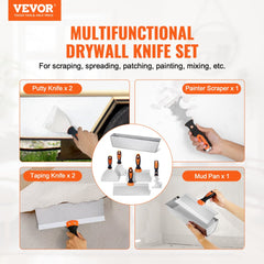 VEVOR Drywall Knife Set, 6 PCS Drywall Tools Includes 3" Painter Scraper, Two Putty Knives, Two Taping Knives and 12"