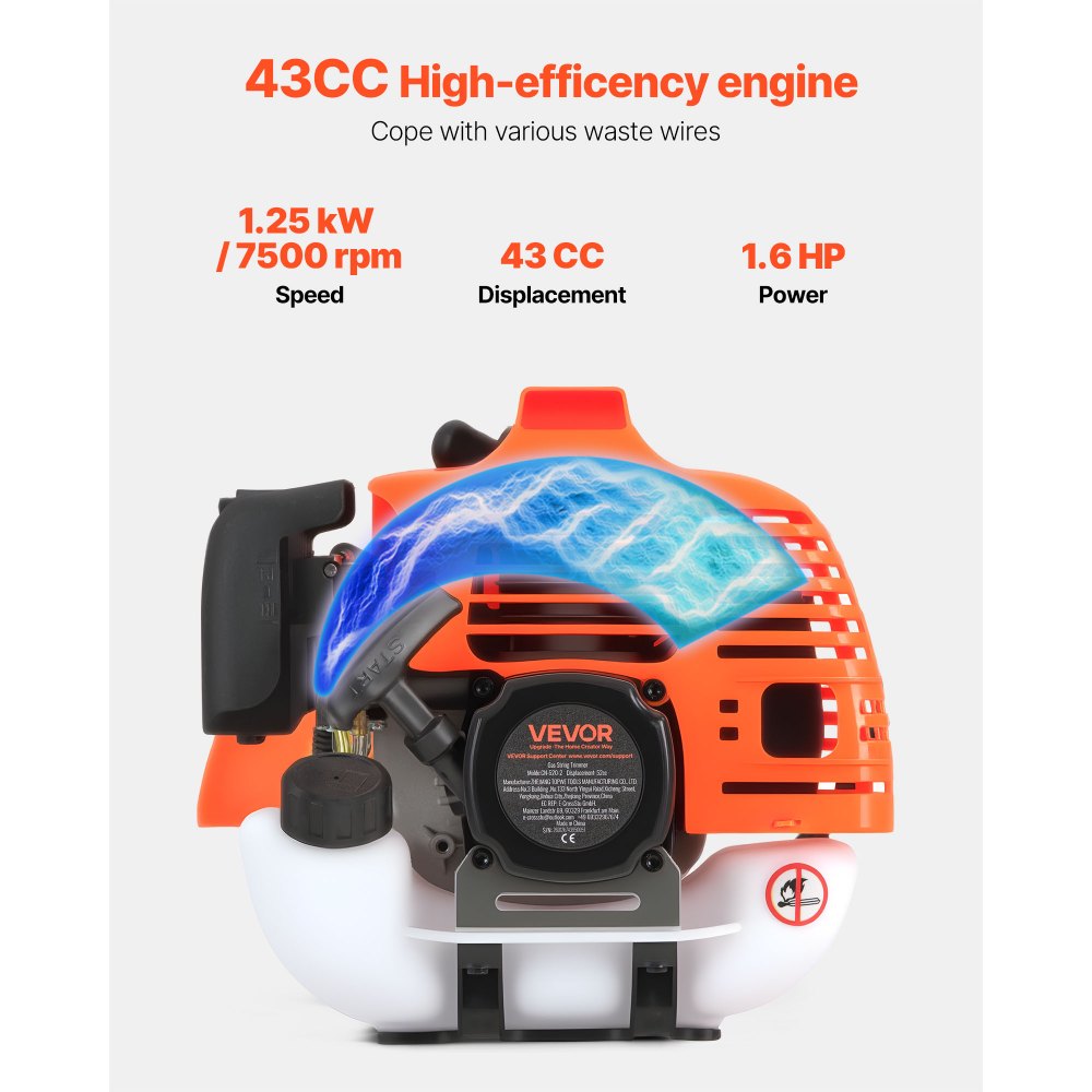 VEVOR Cordless String Trimmer, 43 cc 2-Stroke, Gas Powered Weed Wacker, 17" Cordless Grass Trimmer, Multi-Functional