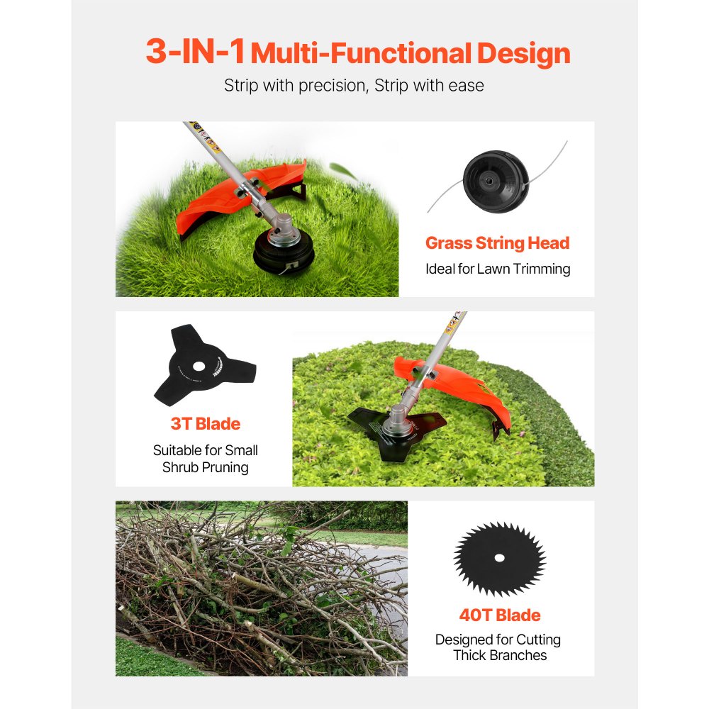 VEVOR Cordless String Trimmer, 43 cc 2-Stroke, Gas Powered Weed Wacker, 17" Cordless Grass Trimmer, Multi-Functional