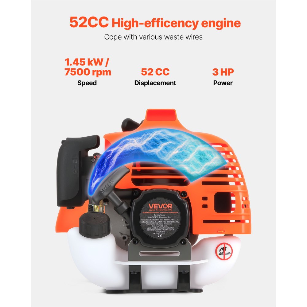 VEVOR Cordless String Trimmer, 52 cc 2-Stroke, Gas Powered Weed Wacker, 17" Cordless Grass Trimmer, Multi-Functional
