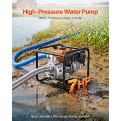 VEVOR Gas Powered Water Pump, 2 in, 132 GPM 7HP Semi Trash Water Transfer Pump Portable, Gasoline Engine with 25 ft