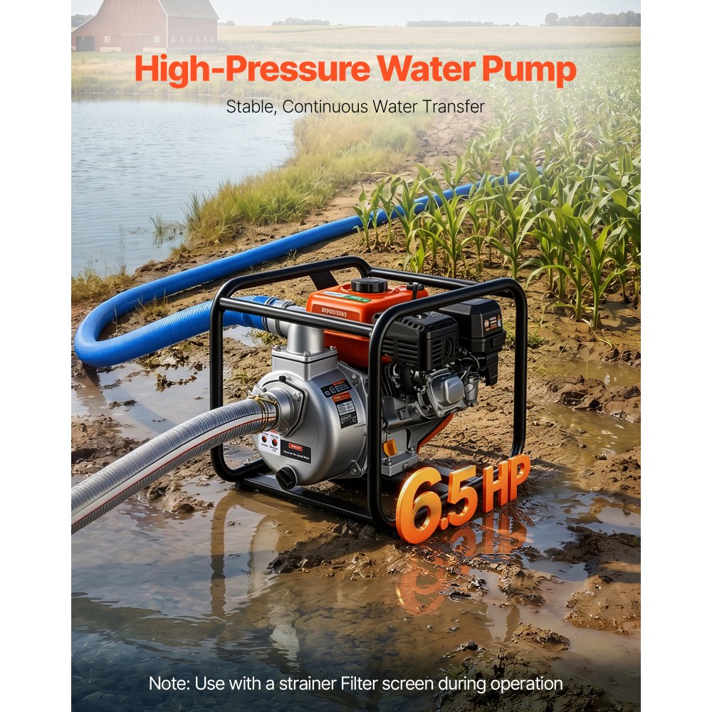 VEVOR Gas Powered Water Pump, 2 in, 132 GPM 6.5HP Semi Trash Water Transfer Pump Portable, Gasoline Engine with 25 ft