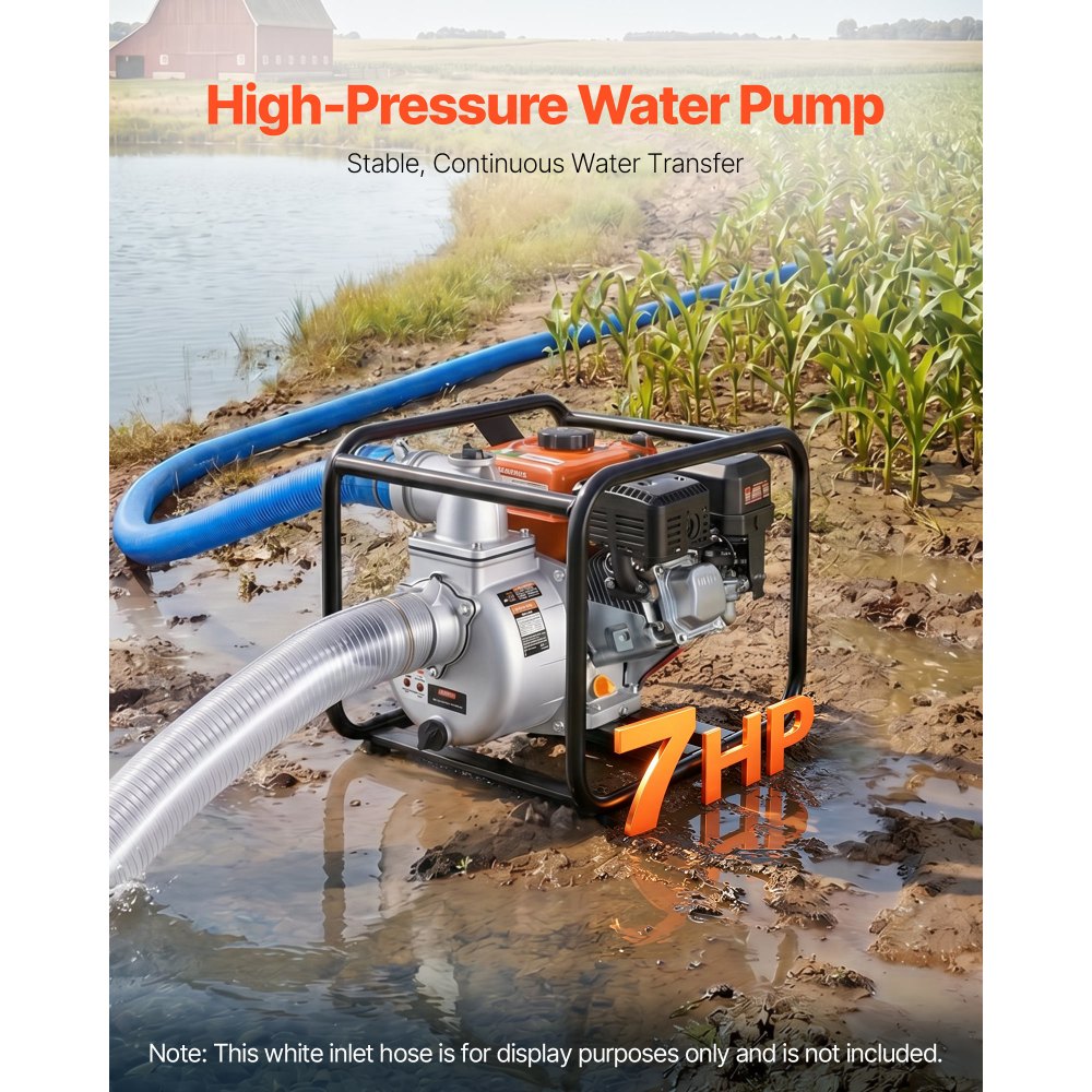 VEVOR Gas Powered Water Pump, 3 in, 242 GPM 7HP Semi Trash Water Transfer Pump Portable, Gasoline Engine with 25 ft