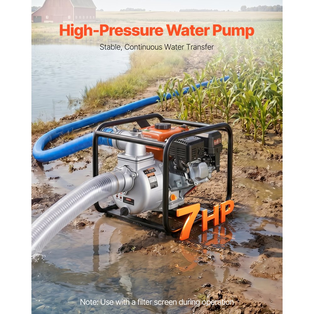 VEVOR Gas Powered Water Pump, 3 in, 264 GPM 7HP Semi Trash Water Transfer Pump Portable, Gasoline Engine with 25 ft