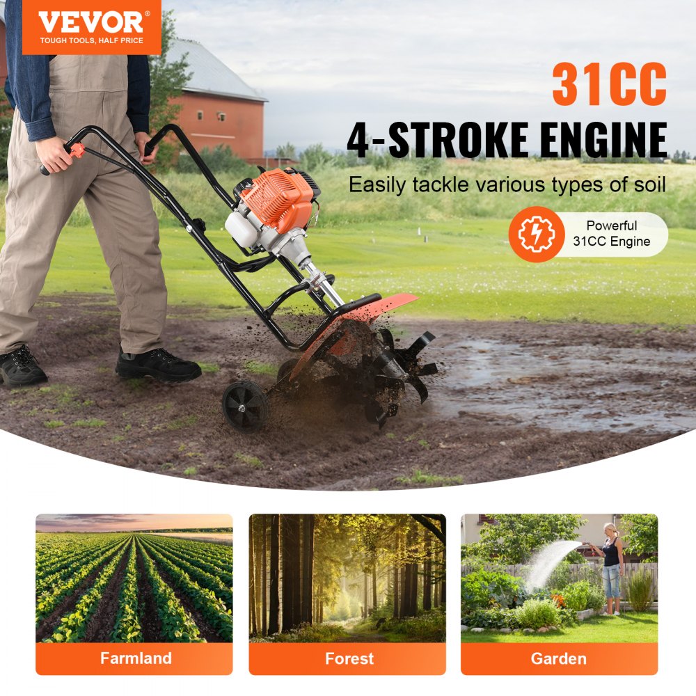 VEVOR Tiller Cultivator, 31CC 4-Stroke Garden Cultivator, Tiller with 4 Steel Adjustable Front Tines for Lawn, Garden