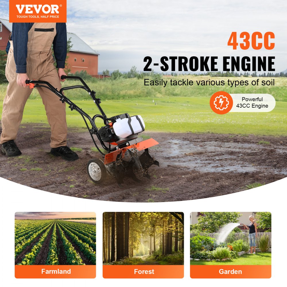 VEVOR Tiller Cultivator, 43CC 2-Stroke Garden Cultivator, Tiller with 4 Steel Adjustable Front Tines for Lawn, Garden
