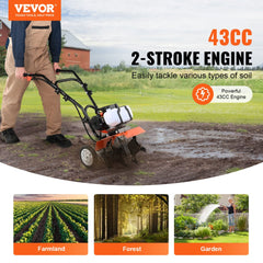 VEVOR Tiller Cultivator, 43CC 2-Stroke Garden Cultivator, Tiller with 4 Steel Adjustable Front Tines for Lawn, Garden