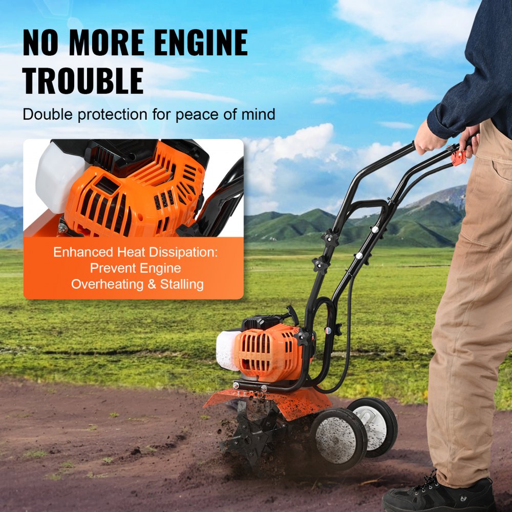 VEVOR Tiller Cultivator, 43CC 2-Stroke Garden Cultivator, Tiller with 4 Steel Adjustable Front Tines for Lawn, Garden