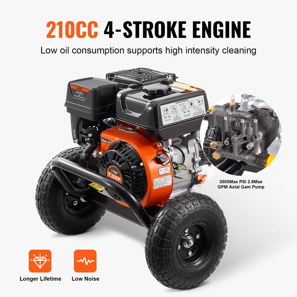 VEVOR Gas Pressure Washer, 3500 PSI 2.6 GPM, Gas Powered Pressure Washer with Aluminum Pump, Spray Gun and Extension