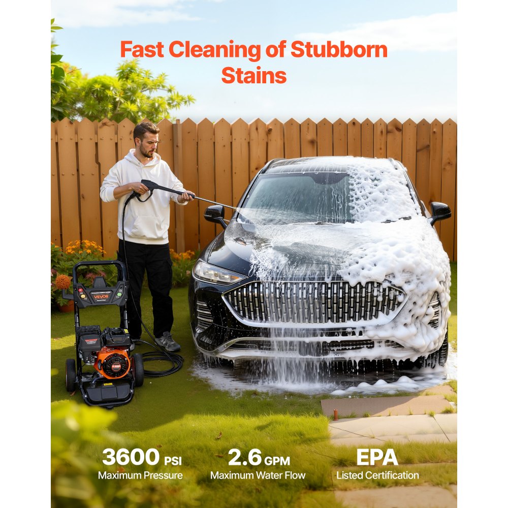 VEVOR Gas Pressure Washer 3600 PSI and 2.6 Max GPM, Full Copper Pump, Spray Gun and Wand, 5 Nozzle Set, 26 ft Hose Gas