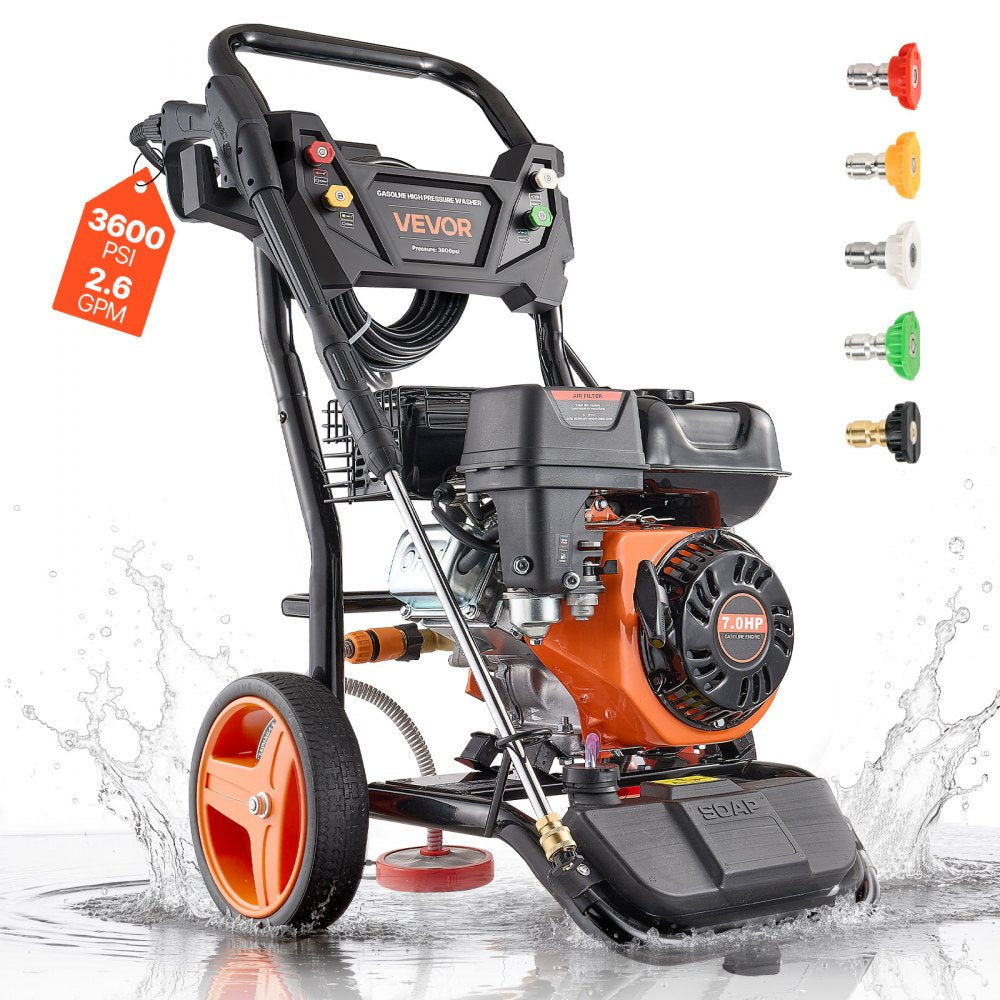 VEVOR Gas Pressure Washer 3600 PSI and 2.6 Max GPM, Full Copper Pump, Spray Gun and Wand, 5 Nozzle Set, 26 ft Hose Gas