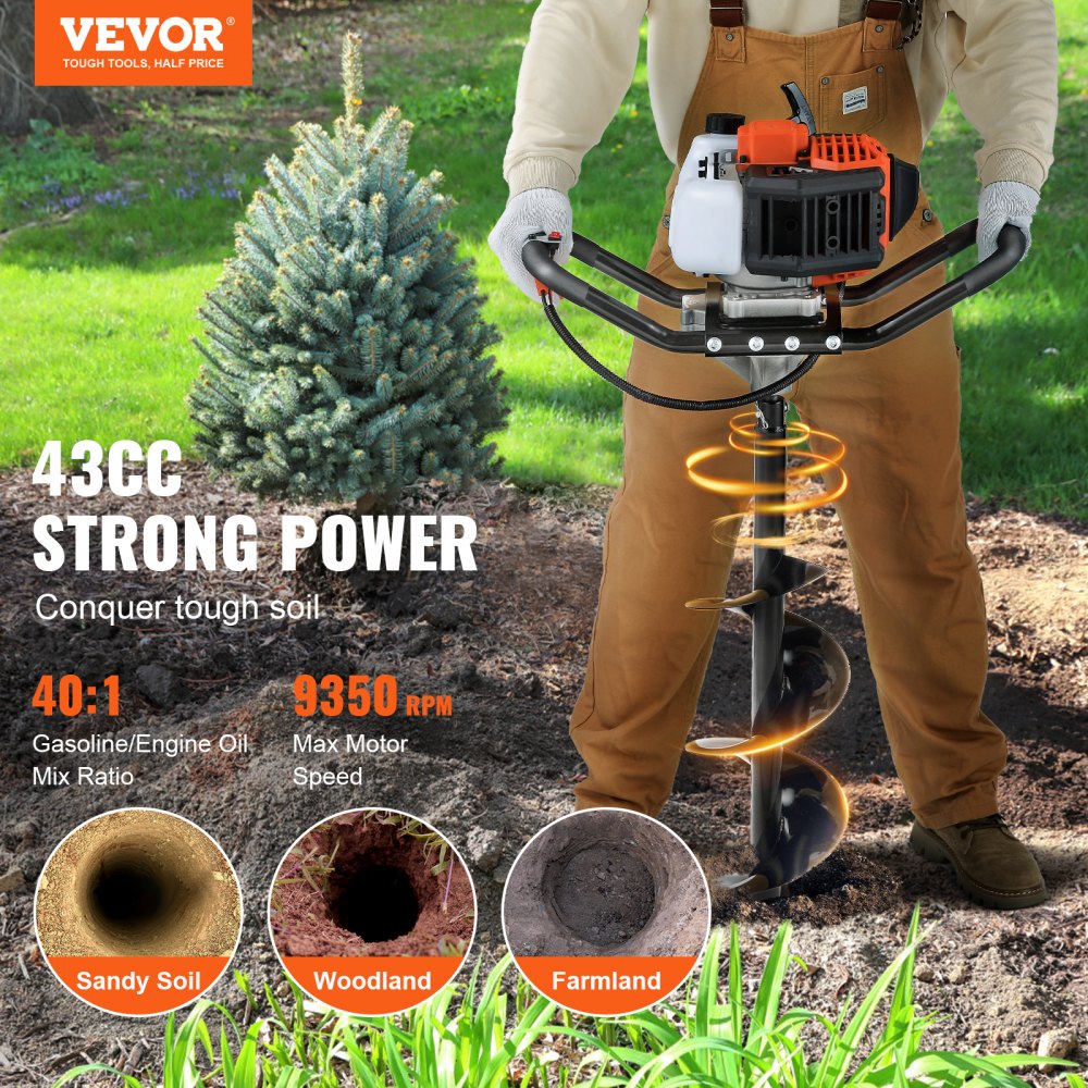 VEVOR Post Hole Digger, 43cc 1250W Auger Post Hole digger, Gas Powered Earth Digger with 8" Earth Auger Drill Bit, 30