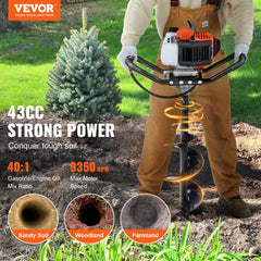 VEVOR Post Hole Digger, 43cc 1250W Auger Post Hole digger, Gas Powered Earth Digger with 8" Earth Auger Drill Bit, 30
