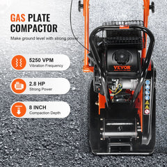 VEVOR Plate Compactor, 2.8 HP 98CC Gas Engine 5,250 RPM, 1,920 lbs Force Vibratory Compaction Tamper with 18.7 x 11.8