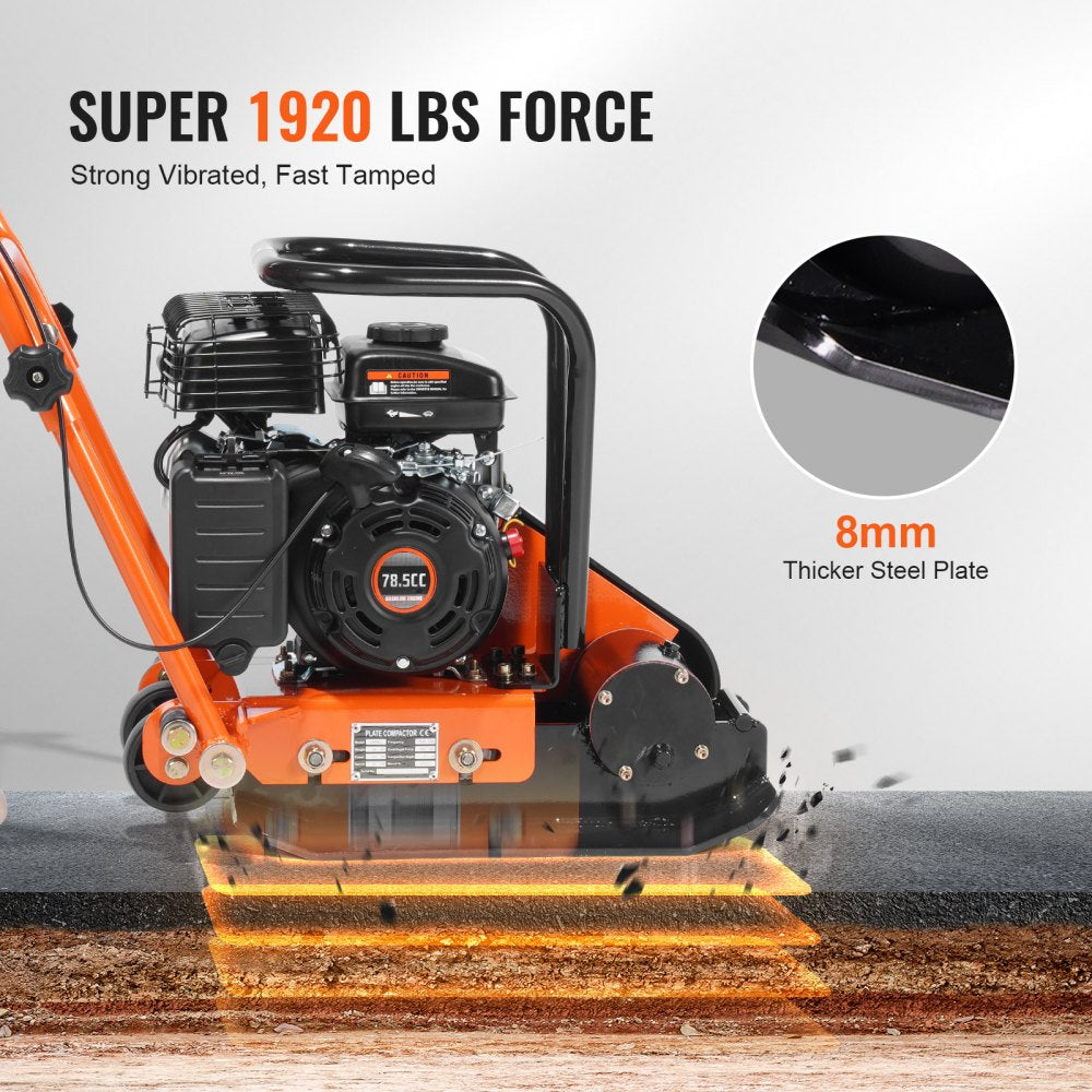 VEVOR Plate Compactor, 2.8 HP 98CC Gas Engine 5,250 RPM, 1,920 lbs Force Vibratory Compaction Tamper with 18.7 x 11.8