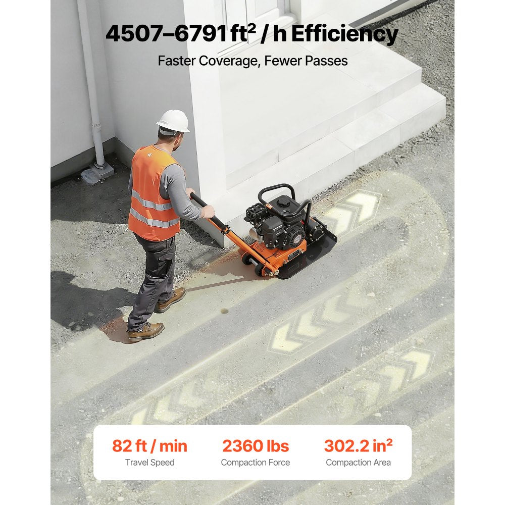 VEVOR Plate Compactor, 6.5 HP 196CC Gas Engine, 5600 VPM Vibrating Ground Rammer, 2360 lbs Compaction Force, 20.1 x 15