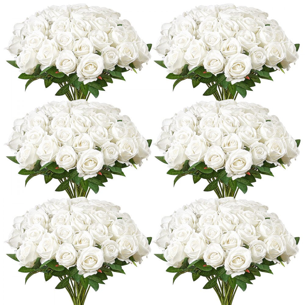 VEVOR Artificial Flowers, 120 pcs Real Looking White Foam Fake Roses Bulk, White Faux Bridal Shower with Stems for DIY