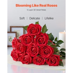 VEVOR Artificial Flowers, 60 pcs Real Looking Red Foam Fake Roses Bulk, Faux Red Bridal Shower with Stems for DIY