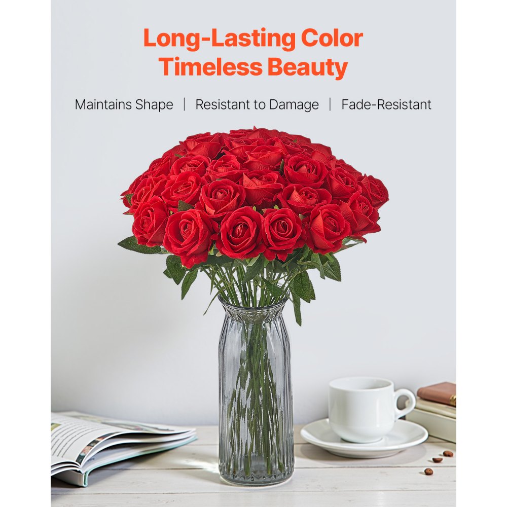 VEVOR Artificial Flowers, 60 pcs Real Looking Red Foam Fake Roses Bulk, Faux Red Bridal Shower with Stems for DIY
